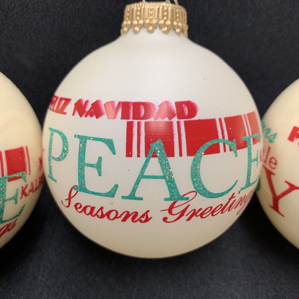 Vtg 80s Krebs Glass Ball Ornaments (3) Christmas Greeting World Languages Hippie
